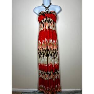 Rue 21 Y2K Halter Maxi Dress Size Large Red Babydoll Beaded Boho Hippie HOCO